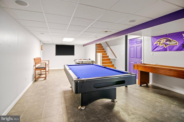 rec room featuring tile patterned floors, a drop ceiling, and billiards