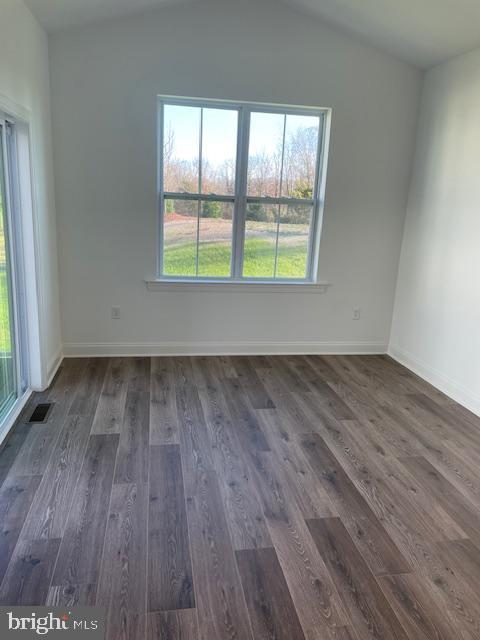 spare room featuring dark hardwood / wood-style flooring, plenty of natural light, and lofted ceiling