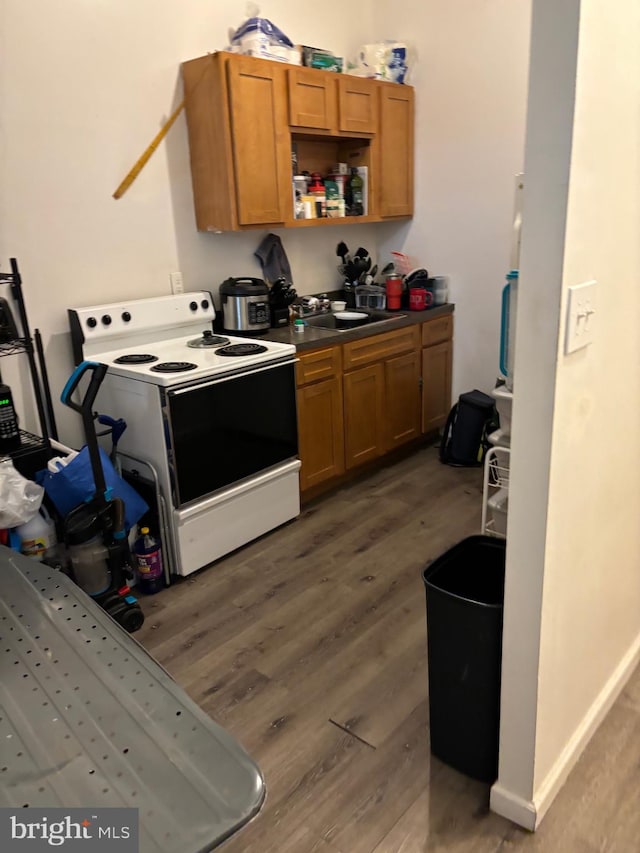 kitchen with white electric range, dark hardwood / wood-style floors, and sink