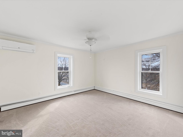 unfurnished room featuring crown molding, ceiling fan, baseboard heating, a wall unit AC, and carpet floors