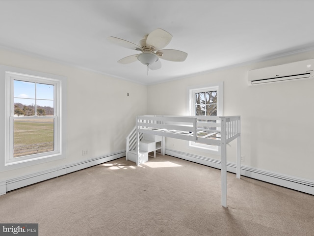 unfurnished bedroom with multiple windows, carpet, a baseboard heating unit, and a wall mounted AC