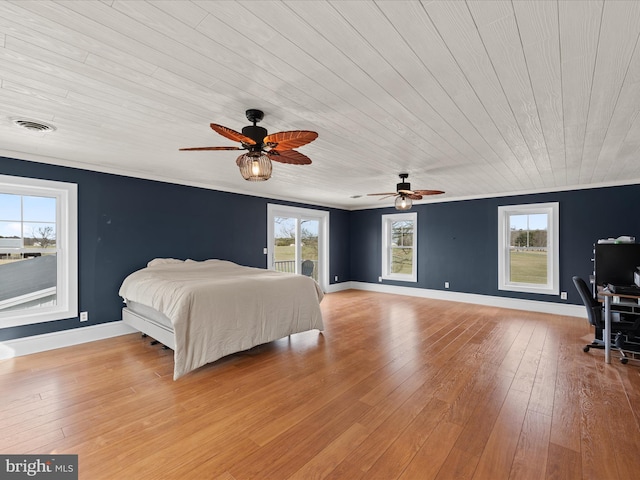 bedroom with crown molding, access to outside, ceiling fan, and light hardwood / wood-style floors