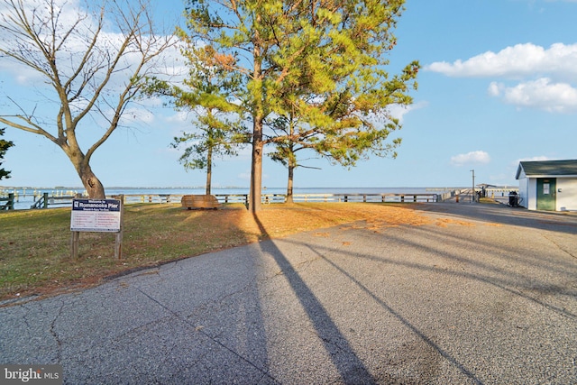 view of road with a water view