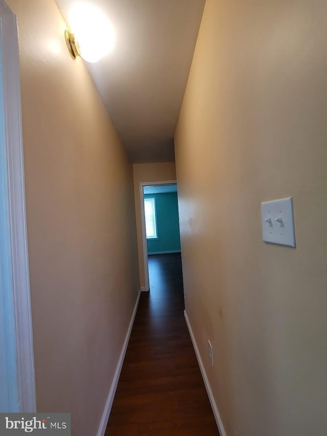 hallway featuring dark hardwood / wood-style flooring and vaulted ceiling