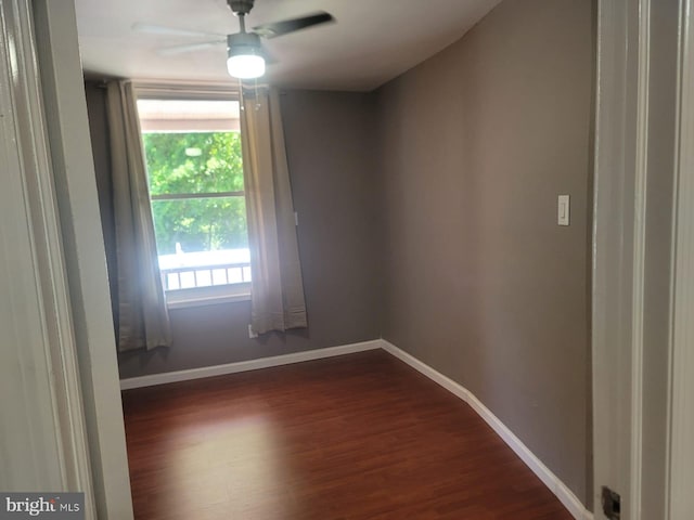 empty room featuring ceiling fan and dark wood-type flooring