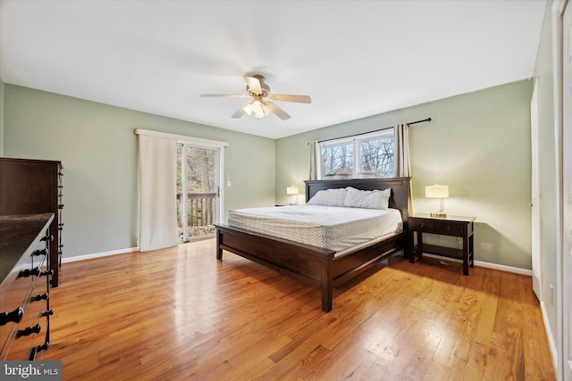 bedroom with access to exterior, ceiling fan, and light hardwood / wood-style floors