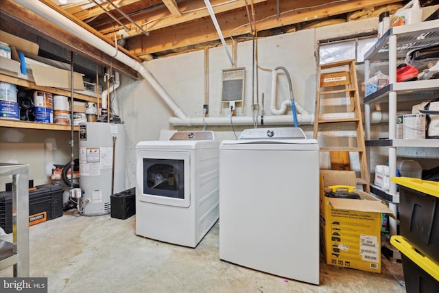 laundry room with washing machine and clothes dryer and water heater