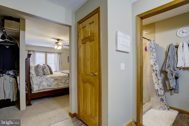 bedroom with light hardwood / wood-style floors and ceiling fan