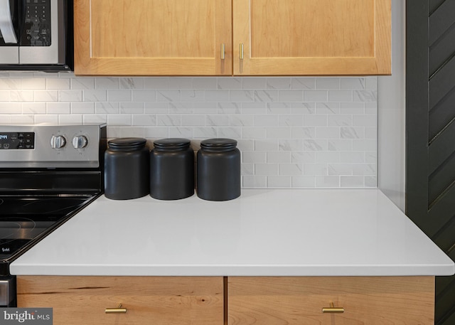 details featuring backsplash, stainless steel appliances, and light brown cabinetry