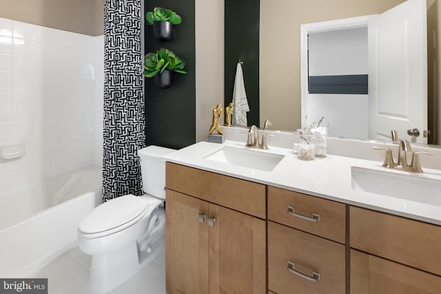 full bathroom with tile patterned flooring, vanity, toilet, and shower / tub combo