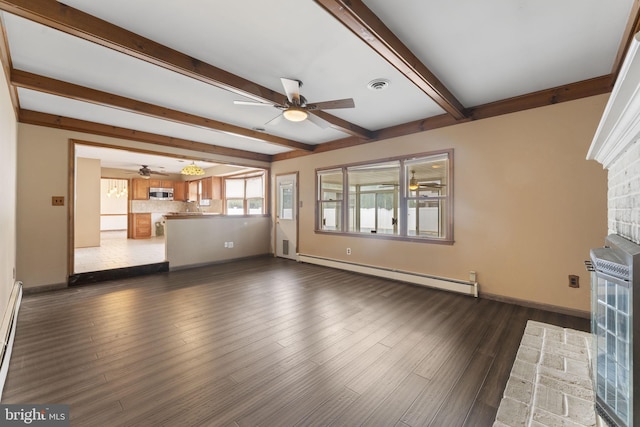 unfurnished living room with beam ceiling, dark hardwood / wood-style flooring, a baseboard radiator, and a brick fireplace