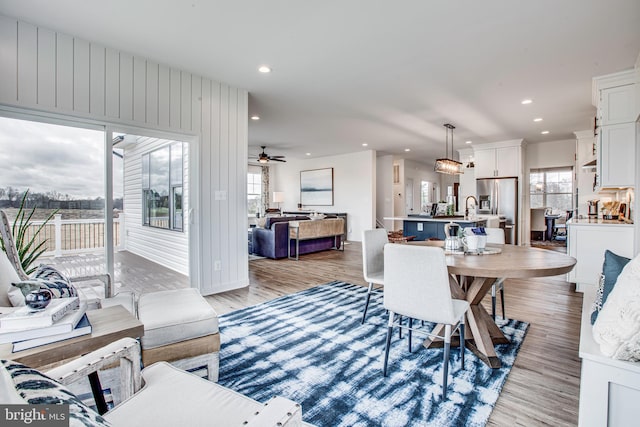 dining area with light hardwood / wood-style flooring and ceiling fan