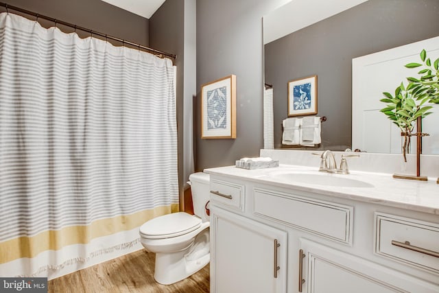 bathroom featuring vanity, wood-type flooring, and toilet