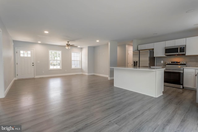 34039 Chippiwa Dr, Dagsboro, DE 19939 - kitchen with appliances with stainless steel finishes, recessed lighting, decorative backsplash, a ceiling fan, and wood finished floors