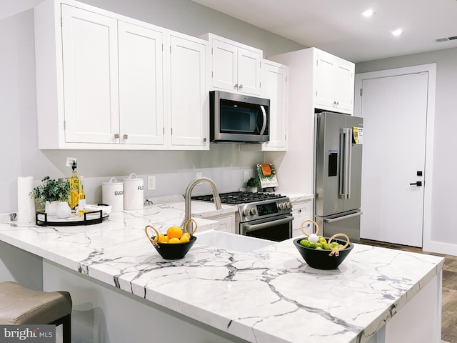 1268 Holbrook Ter NE Unit 1, Washington, DC 20002 - kitchen featuring stainless steel appliances, a peninsula, light stone countertops, white cabinetry, and recessed lighting