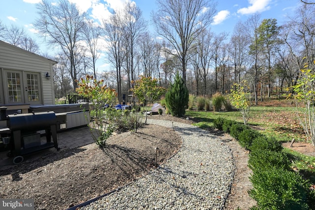 view of yard featuring a patio area and a hot tub