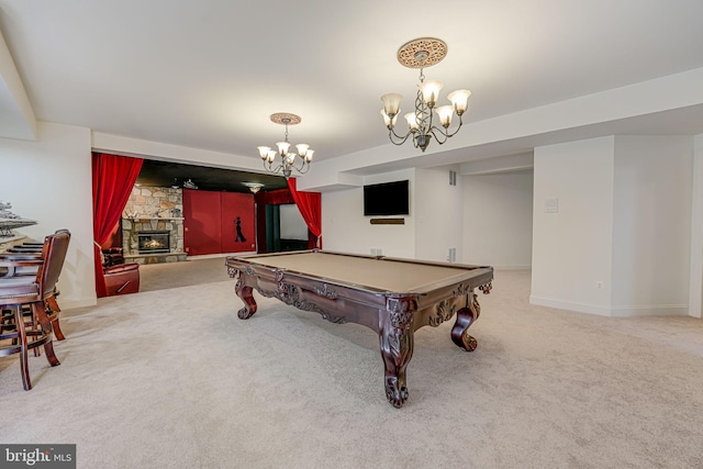 15280 Riding Club Dr, Haymarket, VA 20169 - game room with carpet flooring, a chandelier, baseboards, and a fireplace