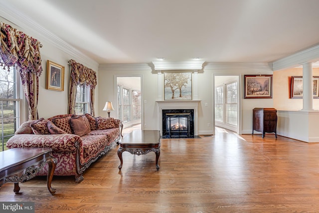 living room with plenty of natural light, a high end fireplace, and light hardwood / wood-style floors