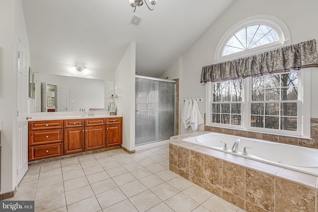 bathroom featuring tile patterned flooring, vanity, high vaulted ceiling, and independent shower and bath