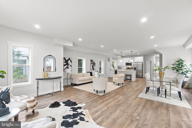 living room featuring a wealth of natural light and light hardwood / wood-style flooring