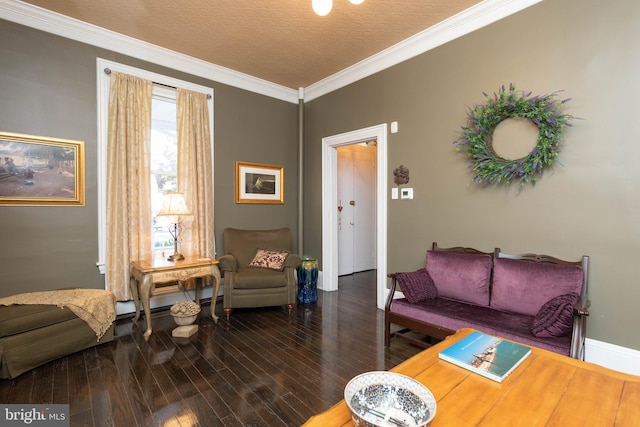 living room with dark hardwood / wood-style floors and ornamental molding