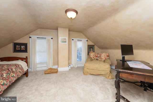 bedroom featuring carpet and vaulted ceiling