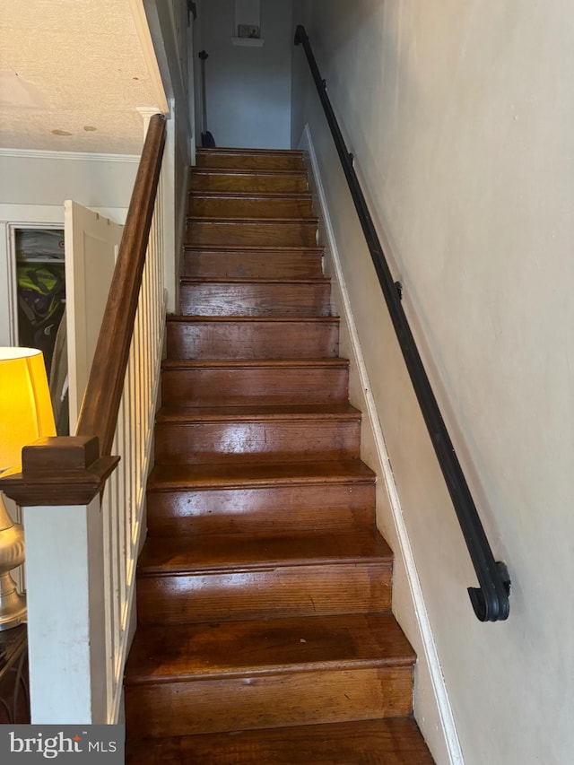 stairs with hardwood / wood-style floors and ornamental molding