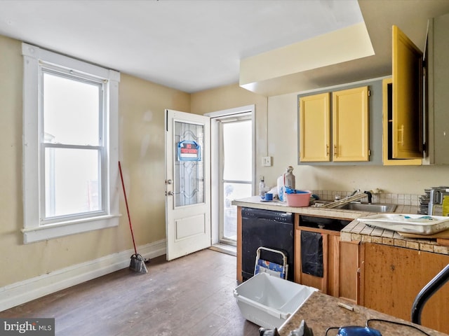 kitchen featuring dishwasher, light hardwood / wood-style floors, tile counters, and sink