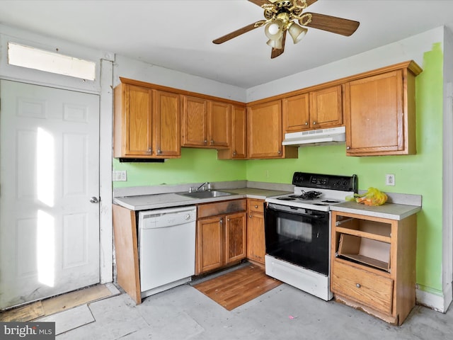 kitchen with ceiling fan, sink, and white appliances