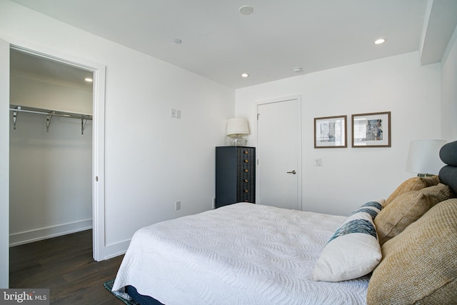 bedroom featuring a spacious closet, a closet, and dark wood-type flooring