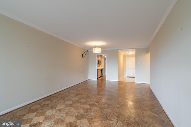 unfurnished room featuring parquet flooring and ornamental molding