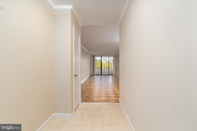 corridor featuring crown molding and light parquet flooring