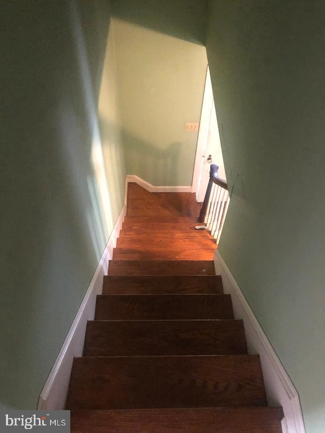 staircase with hardwood / wood-style floors