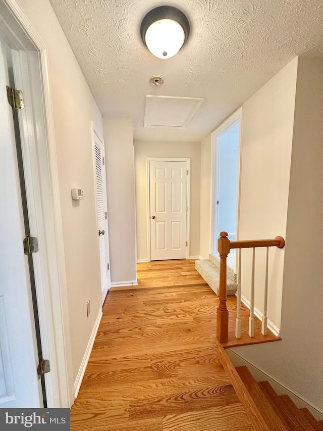 hallway featuring light hardwood / wood-style floors and a textured ceiling