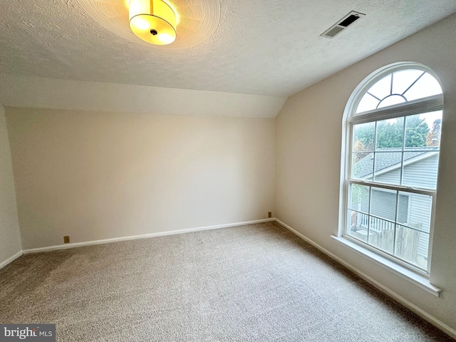 bonus room featuring carpet flooring, a textured ceiling, and lofted ceiling