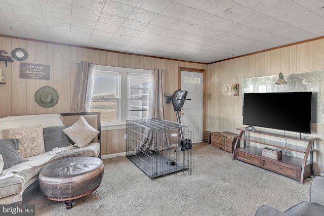 living room with carpet flooring and wood walls