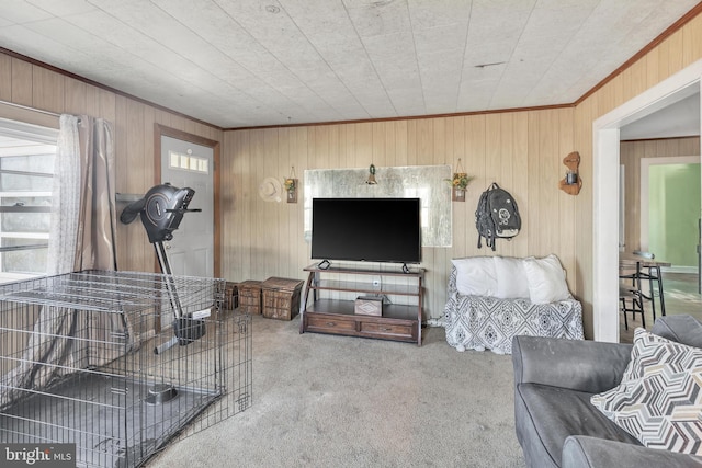 living room featuring carpet flooring, ornamental molding, and wooden walls