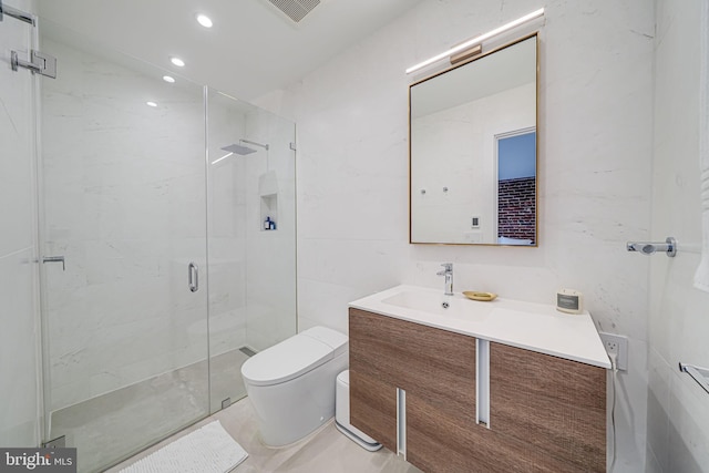 bathroom featuring toilet, tile walls, walk in shower, and vanity