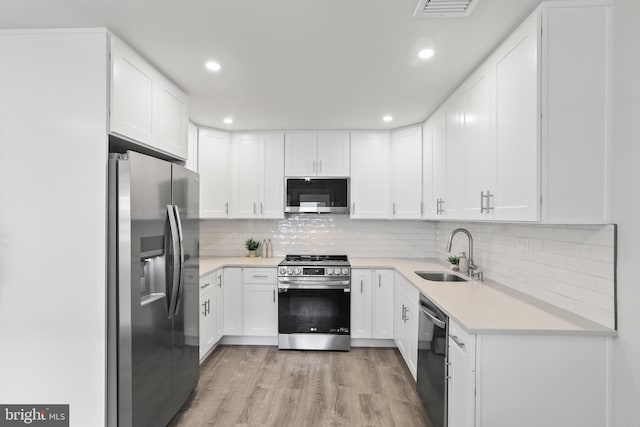 kitchen featuring white cabinetry, sink, stainless steel appliances, decorative backsplash, and light wood-type flooring