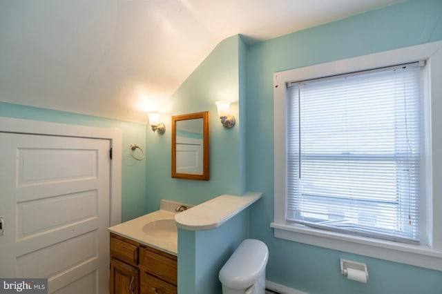 bathroom featuring vanity, vaulted ceiling, and plenty of natural light