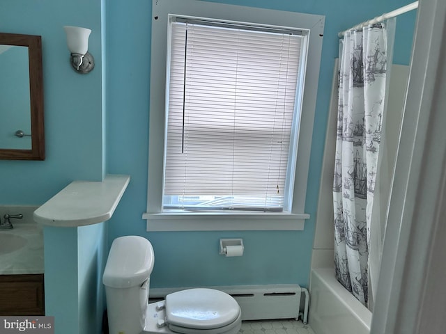 full bathroom with vanity, shower / bathtub combination with curtain, toilet, and baseboard heating