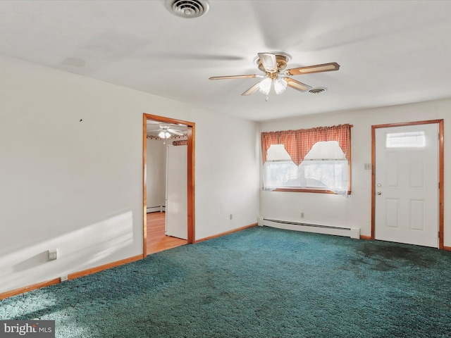 interior space featuring a baseboard radiator and ceiling fan