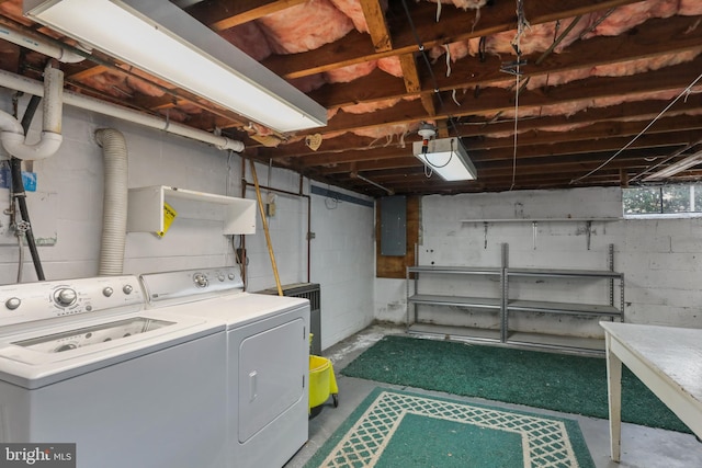 clothes washing area featuring washer and dryer and electric panel