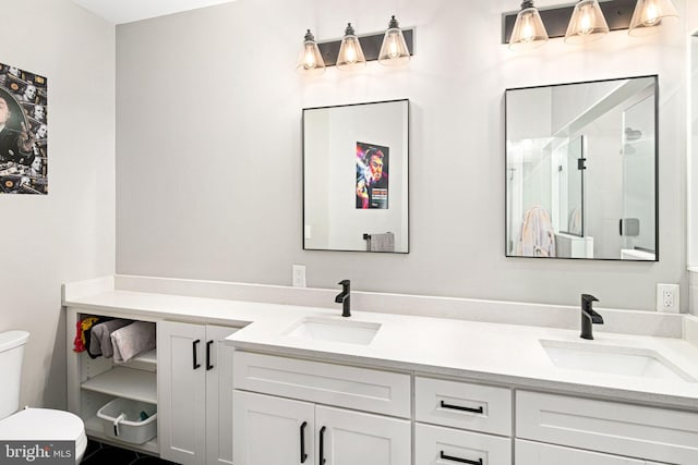 bathroom with vanity, toilet, and a shower with shower door