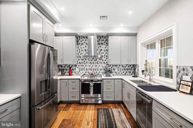 kitchen with appliances with stainless steel finishes, wall chimney exhaust hood, sink, gray cabinets, and light hardwood / wood-style floors