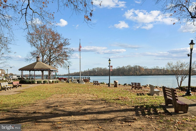 view of home's community featuring a gazebo and a water view