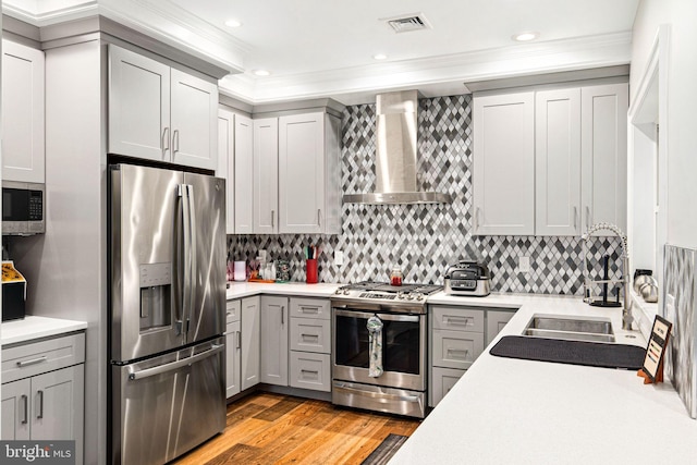 kitchen featuring wall chimney range hood, sink, gray cabinets, appliances with stainless steel finishes, and light hardwood / wood-style floors