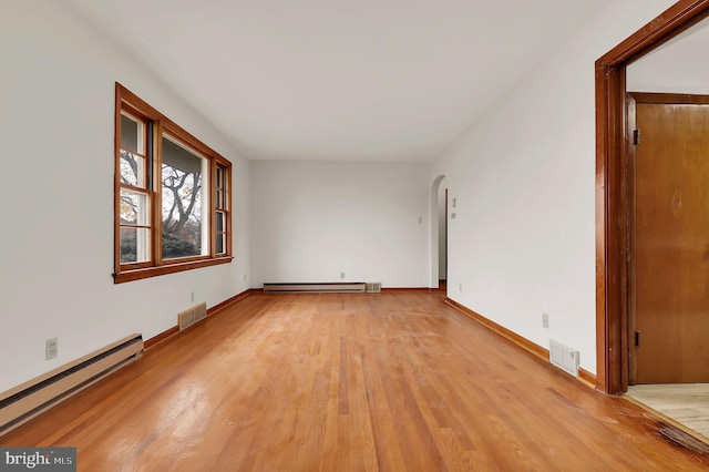 empty room featuring light hardwood / wood-style flooring and a baseboard heating unit