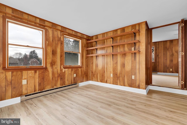 spare room featuring light wood-type flooring, a baseboard radiator, and wooden walls