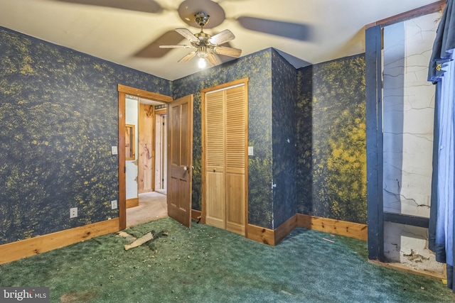 unfurnished bedroom with carpet and ceiling fan